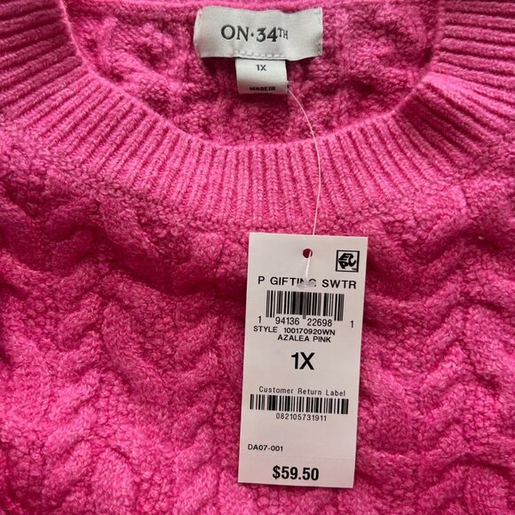 On.34th Pink Cable Knit Cotton Blend Crew Neck Sweater Soft Ribbed Trim Size 1X - Picture 6 of 6